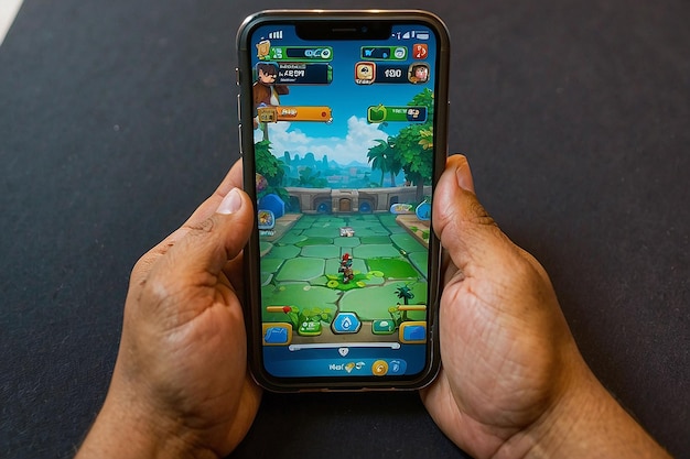 Een mobiele gamer die een spel speelt op zijn mobiele telefoon