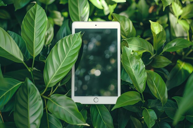 Foto een mobiele telefoon op de top van een weelderige groene plant