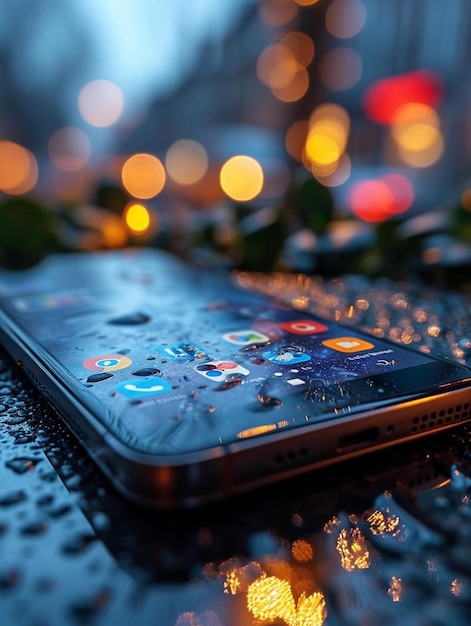 Foto een mobiele telefoon op een tafel bedekt met water