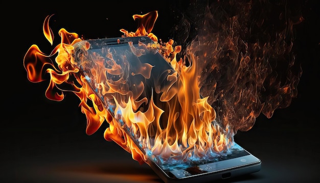 Een mobiele telefoon staat in brand en staat in brand