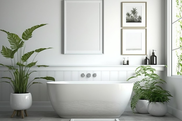 Een mock-up fotolijst met een plantenbak boven het bad in de comfortabele badkamermeubels op de houten vloer