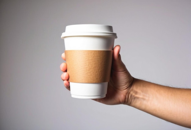 Een mock-up van een hand die een kop koffiepapier vasthoudt, geïsoleerd op een witte achtergrond voor presentatie