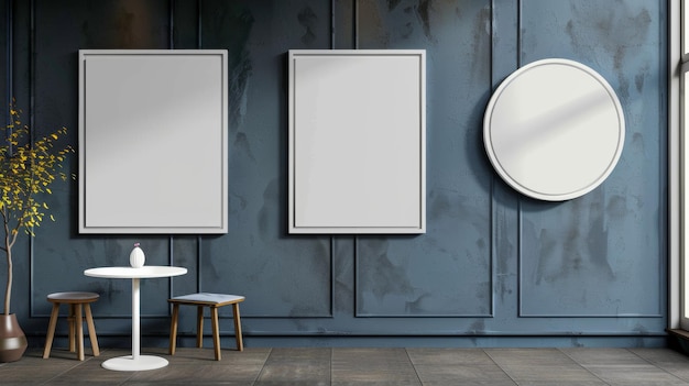 Een mock-up van een ingang bord bevestigd aan de muur van een winkel of café Moderne grafiek met ronde vierkante en ovale frames Decoratieve displays zowel verticaal als horizontaal