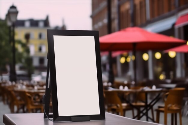 Een mock-up van een sandwichbord geplaatst op straat in de buurt van een cafegeneratieve ai