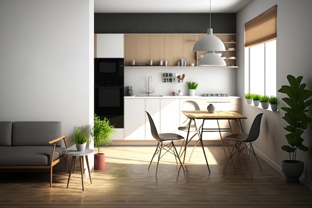 Een mock-upbeeld van een mooi studio-appartement met een blinde muur en een woonkamer, keuken en eettafel Achtergrond van huishoudelijke artikelen binnenshuis binnenshuis