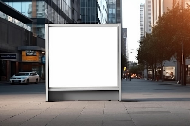 Een mockup van een leeg reclamebord dat op de stoep staat in een stadsomgeving, klaar om uw advertenties weer te geven