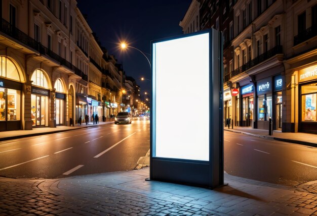 Een mockup van een modern reclamebord in een nachtstraat