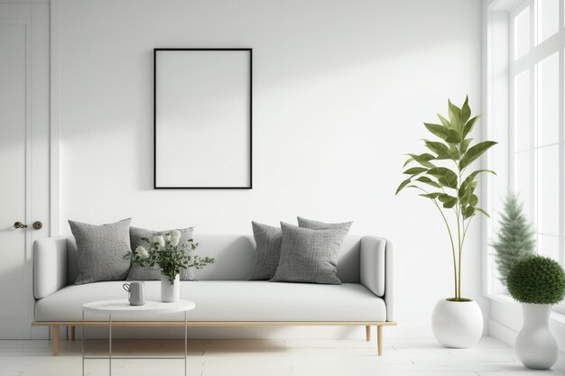 Een mockup van een witte, eenvoudige woonkamer met een bank Scandinavisch geïnspireerd interieur