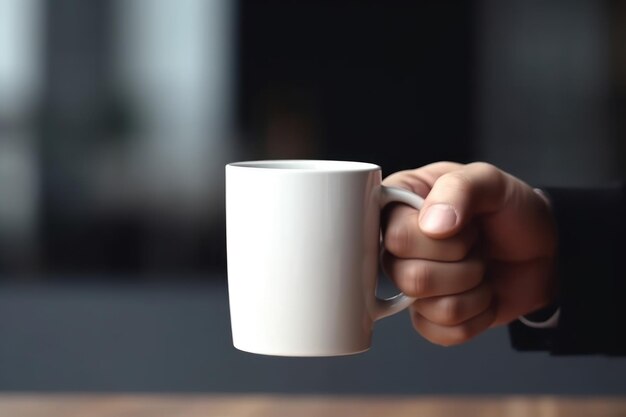 Een mockup van een witte koffiebeker vastgehouden door een hand gemaakt met Generative AI