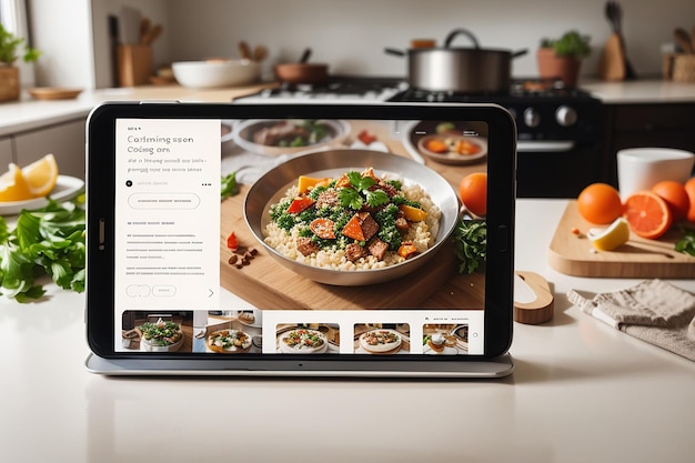 een mockup voor een kookblog met een smartphone in landschapsoriëntatie met aanpasbare recepten en kookvideo's op het scherm