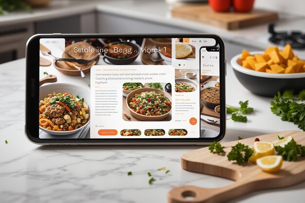 een mockup voor een kookblog met een smartphone in landschapsoriëntatie met aanpasbare recepten en kookvideo's op het scherm