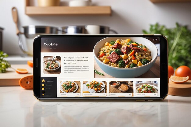 een mockup voor een kookblog met een smartphone in landschapsoriëntatie met aanpasbare recepten en kookvideo's op het scherm