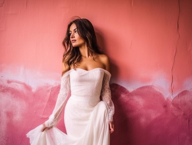 een modale bruid met witte jurk roze achtergrond