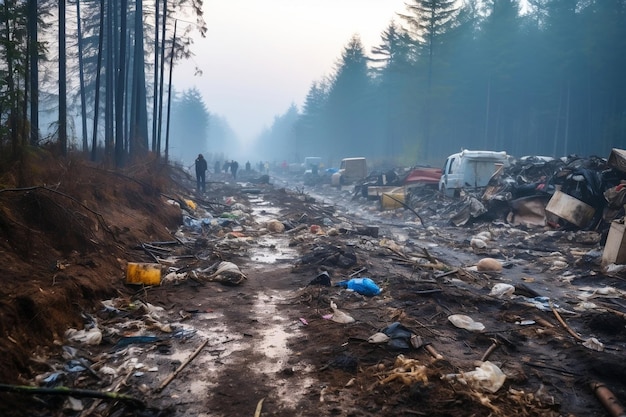 Een modderige onverharde weg met afval aan de kant ervan AI