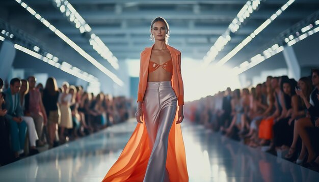 Een model dat over de modefotografie van de catwalk loopt