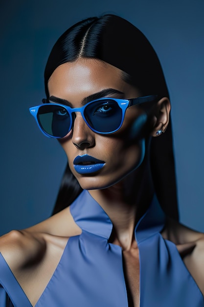 Een model draagt een blauwe zonnebril met een blauw lint om de hals.