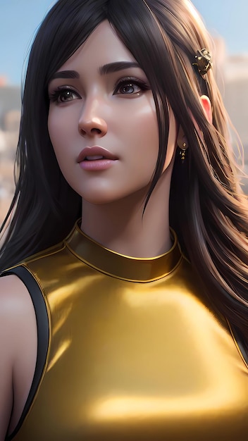 Een model draagt een goud met zwarte jurk met een gouden streep op de voorkant.