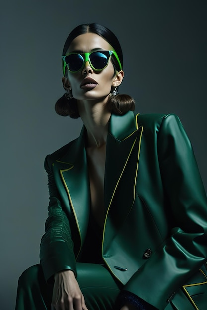 Een model draagt een groen jasje met een groene bril en een zonnebril.