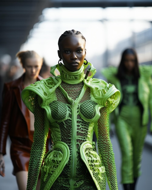 een model draagt een groene jurk met het woord "het woord" erop.