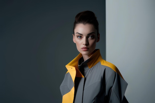 Een model draagt een jasje waarop staat 'het merk staat op de voorkant'