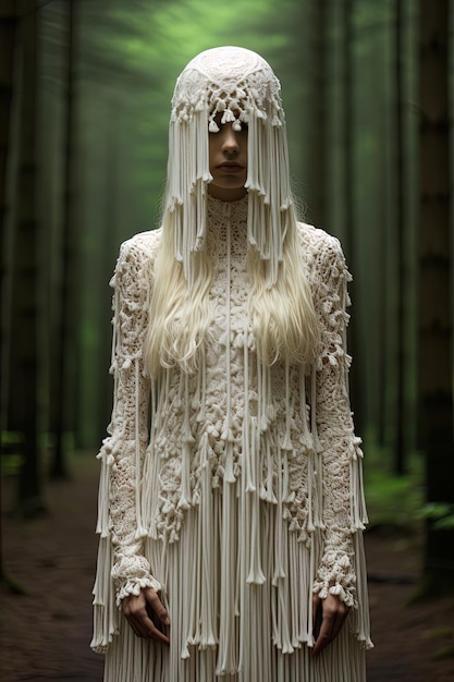 Foto een model draagt een kostuum met een lange sluier erop