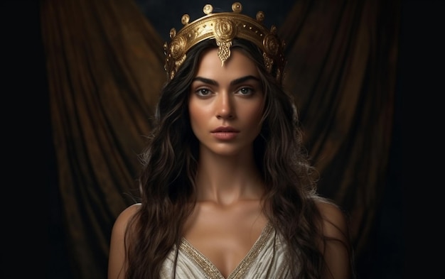 een model draagt een kroon met gouden rand en gouden rand.