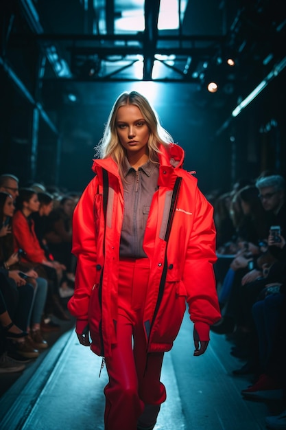 Een model draagt een rood jasje met het woord london erop.