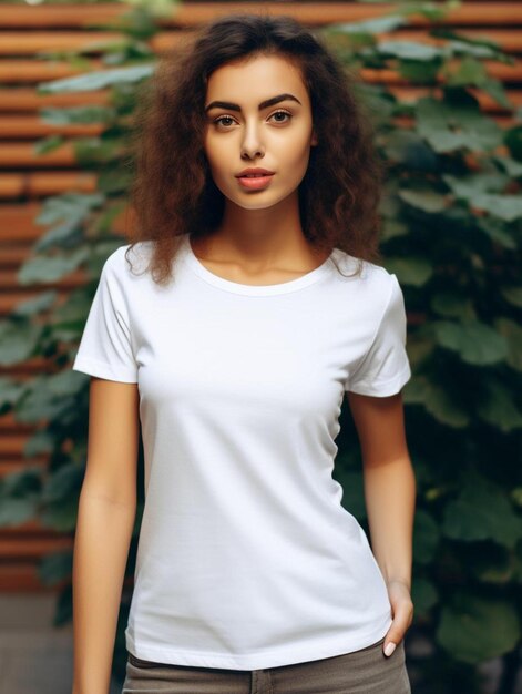 Foto een model draagt een wit overhemd met daarop een wit overhemd met de tekst 