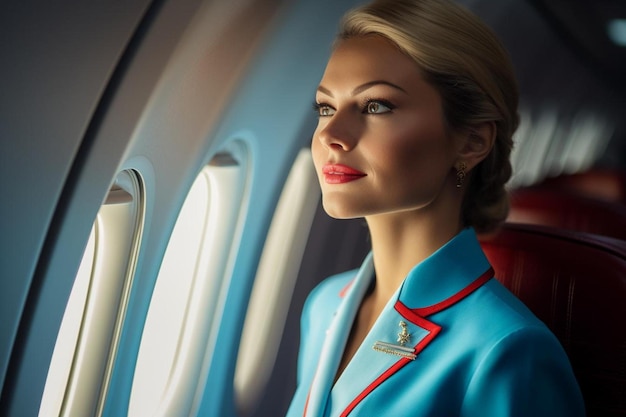 Een model in een blauw jasje en rode lippen kijkt uit het raam van een vliegtuig.