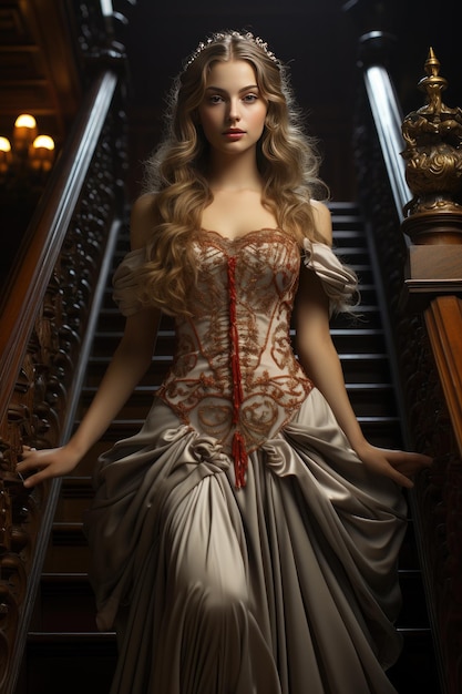 een model in een jurk met een rood lint aan de onderkant.