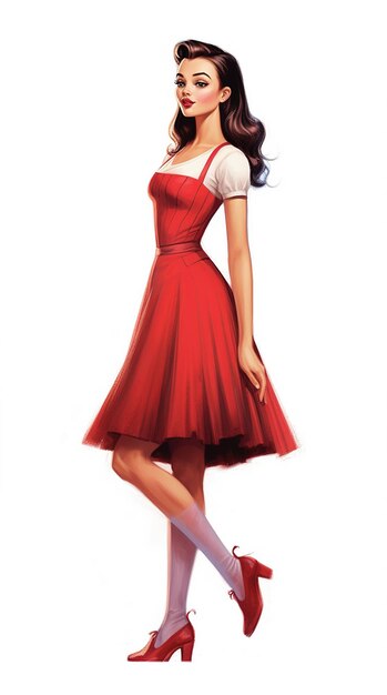 Foto een model in een rode jurk met een witte top en een rode rok.