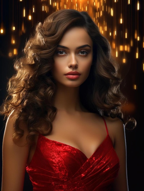 een model in een rode jurk met lang haar en een rode jurk.