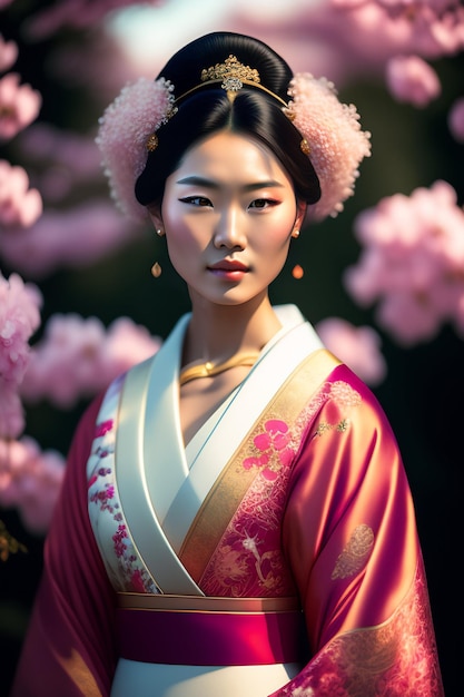 Een model in een roze kimono staat voor een roze achtergrond met roze bloemen.