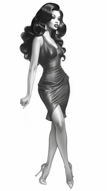 een model in een zwarte jurk met een afbeelding van een vrouw in een zwarte jurk.