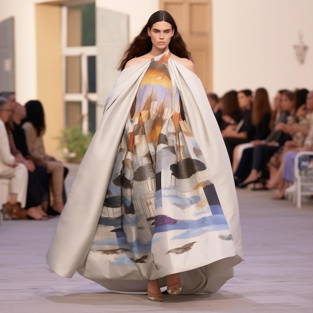 een model loopt over de catwalk en draagt een jurk met een ontwerp op de voorkant