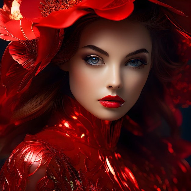 een model met een rode hoed en een rode bloem erop