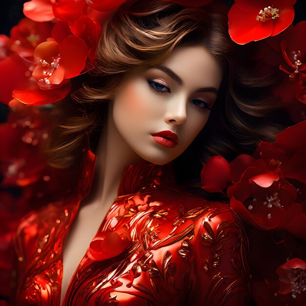 een model met een rode jurk en bloemen erop