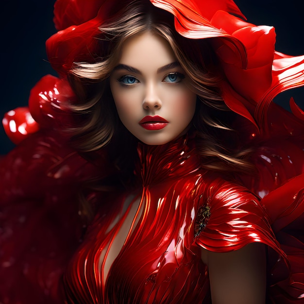 een model met een rode rok en een rode jurk met een rode veer aan de voorzijde
