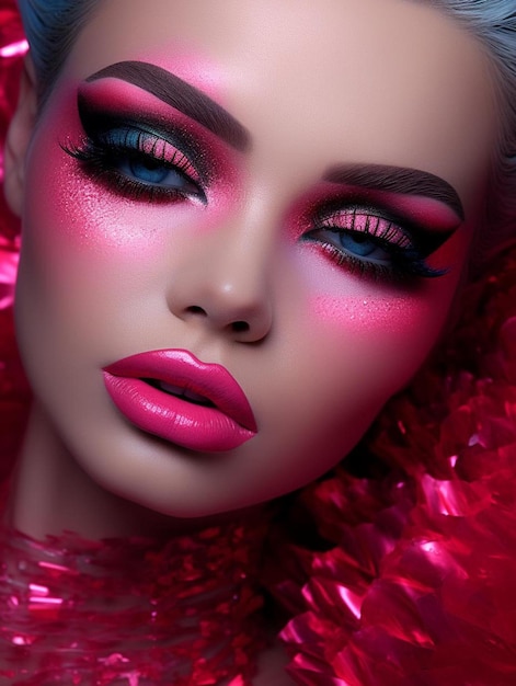 Een model met een roze oog make-up en een roze lip.