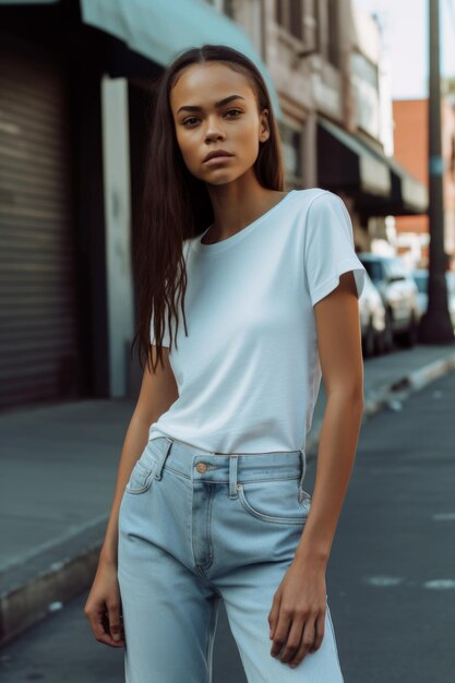 Een model met een wit t-shirt en een lichtblauwe spijkerbroek staat op straat.