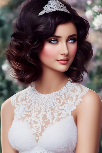 Een model met een witte jurk en blauwe ogen