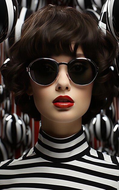 een model met een zwart-wit gestreepte top en rode lippen wordt in een foto getoond