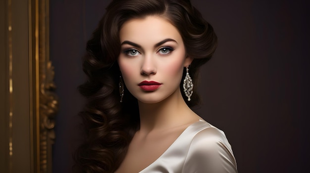 Een model met glanzende brunette lokken in elegante golven die klassieke charme uitstralen