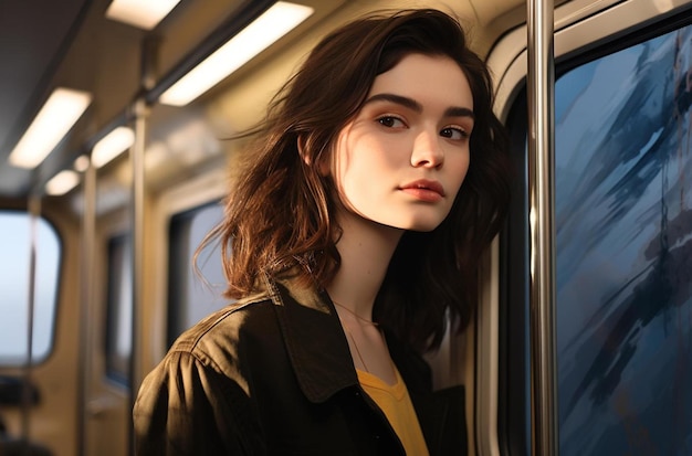 Een model met lang haar en een geel shirt staat in een metro.