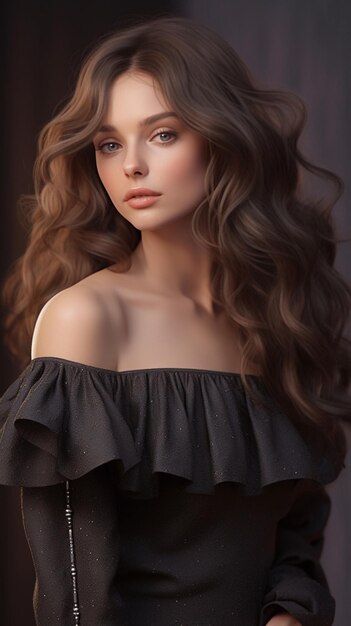 Een model met lang haar en een zwarte jurk.