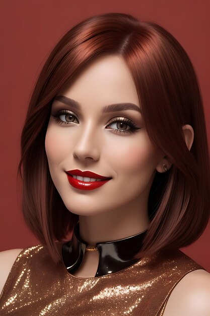 een model met rode lippenstift en een gouden ketting