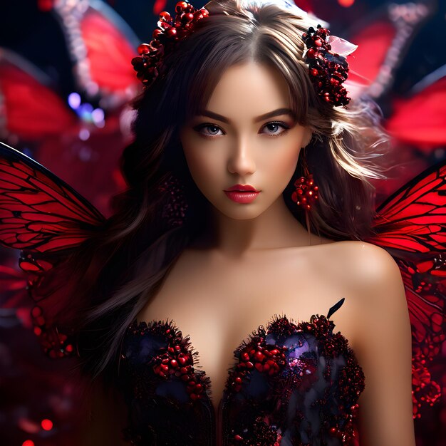 een model met rode vlindervleugels en een rode vlinder