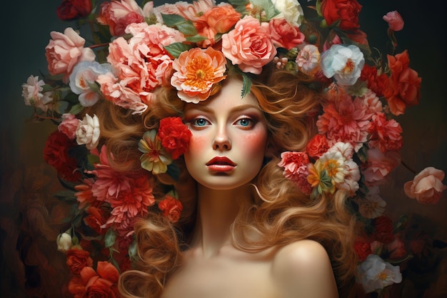 een model met rood haar en bloemen op haar hoofd is omringd door bloemen.