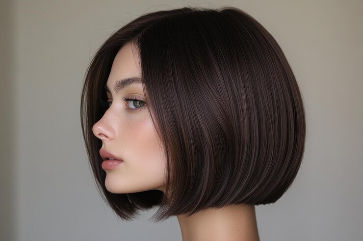 Een model poseert elegant met een modern kapsel dat haar gezicht omlijst