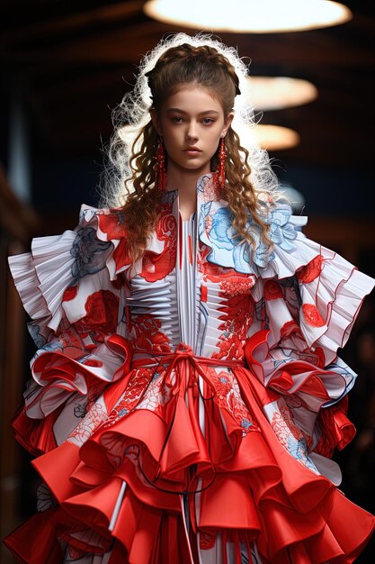 een model toont een model dat een rode en witte jurk draagt met een bloemenontwerp